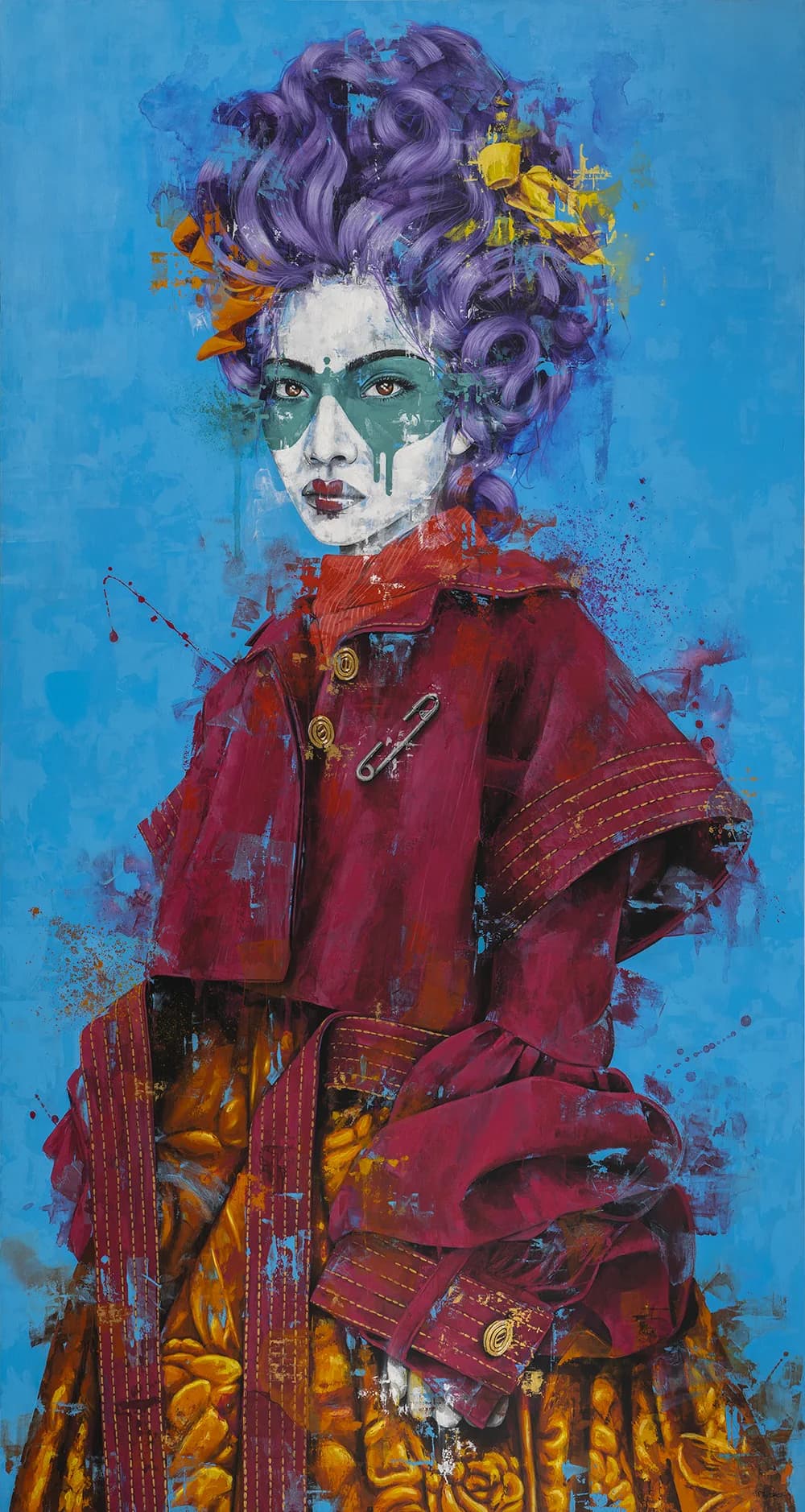 A painted portrait: a figure with violet hair and a crimson pinned jacket, against a blue ground.